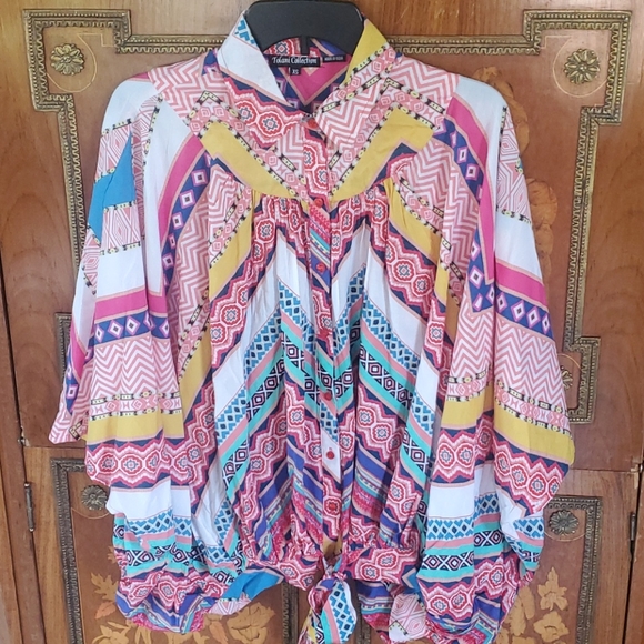 *520 Tolani Collection Ikat Front-Tie Button Up Top - Picture 2 of 10